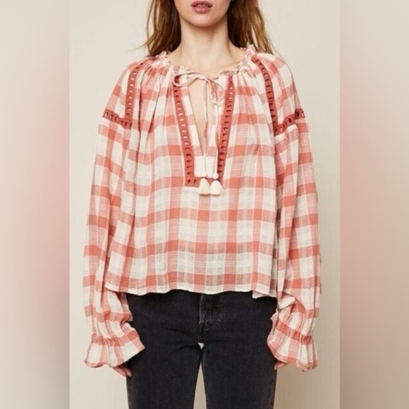 Free People Honey Grove Gingham Checkered Balloon Sleeve Blouse Size Small - Picture 1 of 7